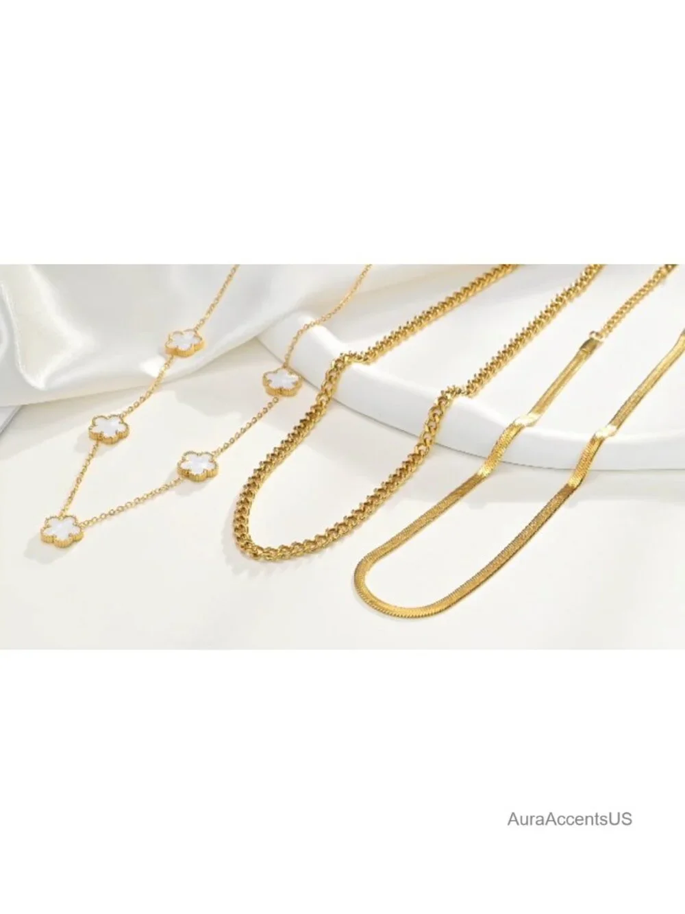 3Pcs 18K Gold Plated Layered Necklace Set, Stainless Steel Cuban Link
